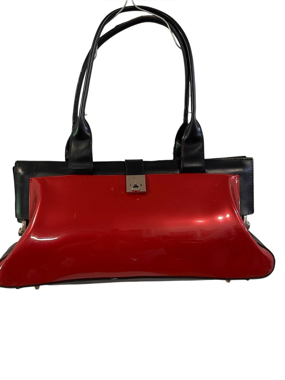 Vintage 60s Style Red Shiny Vinyl Handbag Snap Top Double Strap *Damaged*